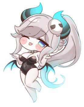 1girl absurdres black_leotard blue_eyes blush_stickers breasts chibi chibi_only demon_girl demon_horns demon_wings full_body grey_hair hair_ornament hands_up highres horns large_breasts leotard long_hair looking_at_viewer one_eye_closed parted_bangs ponytail pprcno shaydi_(trickcal) simple_background skull_hair_ornament solo strapless strapless_leotard swept_bangs tongue tongue_out trickcal white_background wings