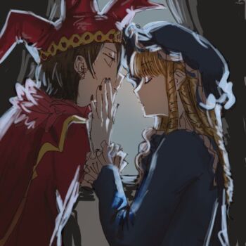 2boys blonde_hair blue_dress brown_hair closed_eyes crossdressing crossdressing_(mtf) dress facing_another frilled_sleeves frills hand_on_another&#039;s_face hat jester jester_cap jisamnyeo kozi_(malice_mizer) long_hair long_sleeves looking_at_another male_focus malice_mizer mana_(malice_mizer) mob_cap multiple_boys nail_polish ringlets short_hair trap visual_kei