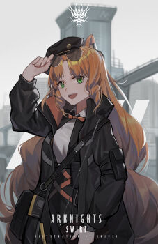 1girl :d absurdres arknights arm_up artist_name beret black_hat black_jacket blurry blurry_background bow bowtie character_name chinese_commentary collared_shirt commentary copyright_name green_eyes hat highres jacket long_hair long_sleeves lungmen_logo open_clothes open_jacket open_mouth orange_bow orange_bowtie orange_hair parted_bangs removing_eyewear shirt smile solo sunglasses swire_(arknights) teeth traditional_bowtie upper_teeth_only white_shirt xtears_kitsune