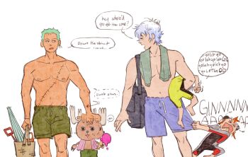 0000alisa 1girl 4boys antlers blue_shorts carrying carrying_person commentary earrings english_commentary english_text gintama green_hair green_shorts highres horns jewelry kagura_(gintama) multiple_boys one_piece orange_hair reindeer_antlers roronoa_zoro sakata_gintoki shimura_shinpachi shorts simple_background speech_bubble stitched_torso stitches tony_tony_chopper topless_male white_background white_hair