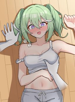 1girl 1other ? @_@ absurdres blush breasts clothes_lift collarbone commentary cowboy_shot disembodied_hand grabbing_another&#039;s_breast green_hair grey_shorts groping hair_between_eyes hand_on_own_stomach hand_up highres korean_commentary large_breasts long_bangs looking_at_viewer lying maksagwa medium_hair multicolored_hair navel nose_blush on_back on_floor open_mouth pov purple_eyes shadow shorts speech_bubble spoken_question_mark stellive stomach strap_slip streaked_hair sweat tank_top twintails virtual_youtuber white_tank_top wooden_floor yuzuha_riko