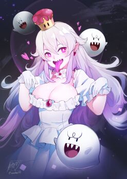 Rule 34 | 1girl, absurdres, blush, boo (mario), breasts, brooch, cleavage, crown, detached collar, dress, earrings, frilled dress, frilled gloves, frilled sleeves, frills, ghost, gloves, hair between eyes, hands up, heart, highres, jewelry, large breasts, long hair, long tongue, looking at viewer, luigi's mansion, mario (series), new super mario bros. u deluxe, nintendo, open mouth, patipat asavasena, pointy ears, princess king boo, puffy short sleeves, puffy sleeves, purple eyes, sharp teeth, short sleeves, signature, silver hair, smile, super crown, teeth, tongue, tongue out, twitter username, white dress, white gloves