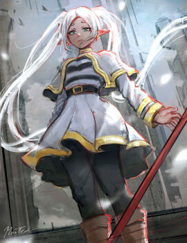 1girl absurdres belt black_leggings boots breasts buckle capelet earrings elf feet_out_of_frame floating_earrings floating_hair frieren from_below gold_trim green_eyes highres jewelry leggings long_sleeves mage_staff morted_art parted_bangs pointy_ears signature simple_background skirt small_breasts solo sousou_no_frieren staff striped_clothes teardrop_earrings twintails white_capelet white_hair