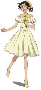 Rule 34 | 1girl, :d, black hair, bow, collarbone, dress, flower, frilled dress, frills, green eyes, high heels, high ponytail, highres, holding, holding flower, looking up, medium dress, meitantei conan, off-shoulder dress, off shoulder, official art, open mouth, ponytail, ribbon, rose, shoes, simple background, smile, solo, standing, standing on one leg, tooyama kazuha, transparent background, yellow bow, yellow dress, yellow flower, yellow ribbon, yellow rose, yellow shoes