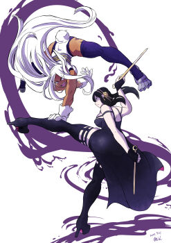 2girls absurdres animal_ears assassin battle black_boots black_dress black_gloves black_hair black_thighhighs black_vs_white boku_no_hero_academia boots breasts crossover dagger dark-skinned_female dark_skin dated dress earrings female_focus fighting fingerless_gloves gloves gold_earrings gold_hairband hairband handstand high_heels highres holding holding_dagger holding_knife holding_weapon jewelry knife leotard long_hair mich_kj mirko multiple_girls one_arm_handstand open_mouth rabbit_ears rabbit_girl rabbit_tail spy_x_family stiletto_(weapon) superhero_costume tail thigh_boots thighhighs two-sided_dress two-sided_fabric very_long_hair weapon white_background white_gloves white_hair white_leotard yor_briar