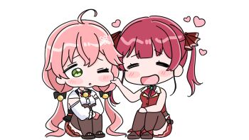 Rule 34 | 2girls, :d, ;o, ahoge, bare arms, bare shoulders, blush stickers, boots, brown boots, brown thighhighs, cellphone, cheek pull, chibi, closed eyes, collared shirt, dress shirt, green eyes, hair ribbon, heart, highres, holding, holding phone, hololive, houshou marine, houshou marine (1st costume), jacket, knees up, long hair, long sleeves, low twintails, mochimiko, multiple girls, one eye closed, open mouth, parted lips, phone, pink hair, puffy long sleeves, puffy sleeves, red hair, red jacket, red ribbon, red skirt, ribbon, sakura miko, shirt, simple background, sitting, skirt, sleeveless, sleeveless jacket, sleeves past wrists, smile, thighhighs, thighhighs under boots, twintails, very long hair, virtual youtuber, white background, white shirt