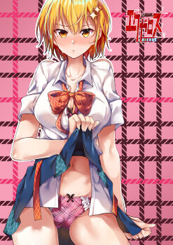 Rule 34 | 1girl, absurdres, ahoge, black ribbon, blonde hair, blush, bow, bowtie, bra, bra peek, breasts, cleavage, clothes lift, collarbone, collared shirt, contrapposto, copyright name, dokyuu hentai hxeros, dress shirt, hair between eyes, highres, hoshino kirara, lifting own clothes, looking at viewer, medium breasts, navel, nose blush, official art, open clothes, open shirt, panties, parted lips, pink background, pink bra, pink panties, plaid clothes, plaid panties, pleated skirt, ribbon, ryouma (galley), shirt, shirt tucked in, short hair, skirt, skirt lift, sleeves rolled up, solo, standing, stomach, thighs, unbuttoned, unbuttoned shirt, underwear, white shirt