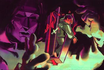 absurdres angry barefoot bleeding blood blue_fire blurry blurry_foreground box clothes_writing coffin commentary crawling empty_eyes english_commentary fire front-man_(squid_game) full_body gift gift_box green_jacket highres hood hood_up impaled jacket limited_palette markkrpg mask mini_person miniboy open_hands reaching reaching_towards_another seong_gi-hun spoilers squid_game striped_clothes sword symbolism weapon