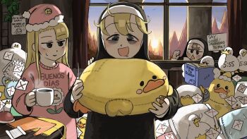 3girls :d against_glass baby_animal bags_under_eyes bird blonde_hair body_writing book brown_hair chicken clumsy_nun_(diva) coffee coffee_mug commentary cup curtains diva_(hyxpk) drooling duck duckling english_commentary english_text fabric froggy_nun_(diva) habit hanging_plant hat highres knocking little_nuns_(diva) messy_hair mug multiple_girls needle nightcap nose_bubble note nun open_mouth pajamas pillar pillow pincushion pink_hat pink_pajamas poster_(object) reading sleeping slice_of_life smile spanish_text spicy_nun_(diva) stuffed_animal stuffed_duck stuffed_toy sunrise tape_on_eyelids thread time traditional_nun tree triangle_mouth window x_(symbol)