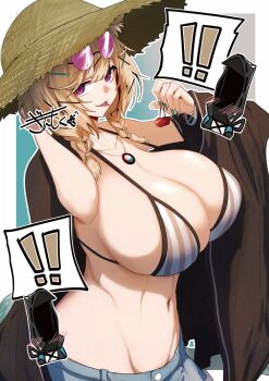 ! !! 1boy 1girl arknights bikini blonde_hair breasts cherry cleavage doctor_(arknights) eyewear_on_head food fruit gin_moku hat highres holding holding_food holding_fruit huge_breasts open_clothes purple_eyes smile straw_hat striped_bikini striped_clothes swimsuit tongue tongue_out utage_(arknights) utage_(summer_flowers)_(arknights)