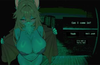 1girl animal_ears belly bikini black_bikini blonde_hair bluepudding blush breasts brown_jacket city come_hither dialogue_options furry furry_female green_theme hair_between_eyes hair_intakes huge_breasts jacket long_hair looking_at_viewer messy_hair navel night night_vision no_i&#039;m_not_a_human no_i&#039;m_not_a_human_(style) open_clothes open_jacket original parted_lips pov_peephole red_eyes solo string_bikini sweat swimsuit undressing wooden_porch