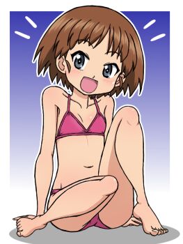 1girl bikini blush breasts brown_eyes brown_hair collarbone girls_und_panzer gradient_background looking_at_viewer navel open_mouth pink_bikini sakaguchi_karina short_hair simple_background small_breasts smile solo swimsuit takahashi_kurage
