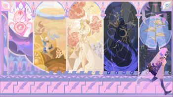 absurdres aglaea_(honkai:_star_rail) bad_link black_cloak blonde_hair cloak coat cyrene_(aedes_elysiae)_(honkai:_star_rail) cyrene_(honkai:_star_rail) dress flame_reaver_of_the_deepest_dark from_side hair_ornament highres honkai:_star_rail honkai_(series) mem_(honkai:_star_rail) official_art phainon_(honkai:_star_rail) pink_hair purple_coat standing trianne_(honkai:_star_rail) tribbie_(honkai:_star_rail) trinnon_(honkai:_star_rail) white_dress