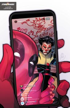 Rule 34 | 2boys, absurdres, arm hair, artist name, black hair, cellphone, comic cover, cover, cover page, crossed arms, deadpool, deadpool (series), drawing on another's face, drawn on eyes, emoji, english text, facial hair, gem (symbol), heart, highres, holding, holding marker, holding phone, jubilee, kamala khan, kid omega (marvel), livestream, lukas werneck, male focus, marker, marvel, mature male, miles morales, multiple boys, muscular, muscular male, mutton chops, official art, phone, red mask, short hair, signature, sitting, skull emoji, sleeping, stepford cuckoos, superhero costume, white background, wolverine (x-men), x-men