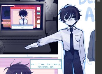 1boy akinashi_haru antenna_hair art_program_in_frame belt black_belt black_eyes black_hair black_necktie black_pants breast_pocket clip_studio_paint clip_studio_paint_(medium) collared_shirt commentary computer cowboy_shot english_commentary english_text expressionless glasses let's_draw_short-haired_hinanawi_tenshi long_sleeves looking_at_viewer male_focus monitor multiple_views necktie pants pocket saihate_eki screencap shirt sidelocks standing tosteurmori user_interface white_shirt