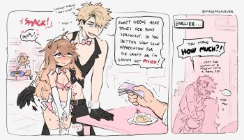 ... 1boy 1girl apron black_gloves black_pants blush border bra breasts cleavage comic cum cum_on_food cum_on_self degrees_of_lewdity dot_nose english_text flying_sweatdrops food freckles_on_breasts gloves holding holding_money money nodding nose_blush outside_border pants pink_apron pink_bra player_character_(degrees_of_lewdity) player_character_(female)_(degrees_of_lewdity) restaurant slapping sound_effects spanking speech_bubble spoken_ellipsis sweat sweets talking thighhighs tnso trembling underwear white_border white_thighhighs whitney_(degrees_of_lewdity) whitney_(male)_(degrees_of_lewdity)