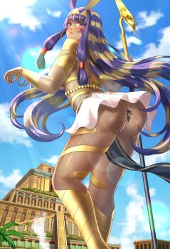 1boy 2girls absurdres ancient_egyptian animal_ears armlet ass between_buttocks blonde_hair bracelet cloud commission dark-skinned_female dark_skin earrings facial_mark fate/grand_order fate_(series) giant giantess gold_earrings heracles_(fate) highres holding holding_staff hoop_earrings jackal_ears jewelry kneehighs loincloth long_hair multicolored_hair multiple_girls nitocris_(fate) nitocris_(third_ascension)_(fate) numaguro_(tomokun0808) open_mouth palm_tree purple_eyes purple_hair revealing_clothes skeb_commission skirt sky socks staff tree two-tone_hair vambraces very_long_hair white_skirt ziggurat