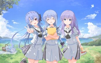 3girls :d ;d ^_^ ame_wa animal_print arms_behind_back ascot black_ascot black_bow blue_butterfly blue_eyes blue_hair blue_sky blunt_ends blush bow braid braided_ponytail bug butterfly butterfly_print closed_eyes closed_mouth cloud commentary_request cowboy_shot crossed_arms crown_braid cumulonimbus_cloud dappled_sunlight day eyes_visible_through_hair facing_viewer floating_hair fox glowing_butterfly grass hair_between_eyes hair_bow hair_ribbon happy highres holding holding_sketchbook inari_(summer_pockets) insect light_particles long_hair looking_at_viewer low_ponytail miniskirt motion_lines multiple_girls musical_note one_eye_closed open_mouth original outdoors outstretched_arm ponytail puffy_short_sleeves puffy_sleeves purple_hair red_eyes red_ribbon ribbon sailor_collar scenery school_uniform serafuku shirt short_sleeves siblings side-by-side sidelocks sketchbook skirt sky smile sorakado_ai sorakado_ao split_mouth straight_hair summer_pockets summer_pockets_school_uniform sunlight teeth twins upper_teeth_only v very_long_hair white_sailor_collar white_serafuku white_shirt white_skirt