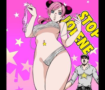 1boy 1girl black_hair braid breasts commentary_request covered_erect_nipples father_and_daughter from_below hat jojo_no_kimyou_na_bouken kid_(kidocchi) kuujou_jolyne kuujou_joutarou large_breasts looking_at_viewer naked_ribbon naked_string navel_piercing panties piercing pink_hair pink_panties ribbon single_braid star_(symbol) star_piercing star_symbol_background stone_ocean string sweat underwear unworn_panties