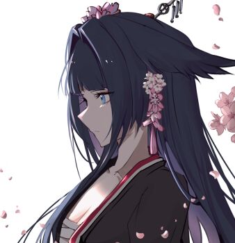 1girl animal_ears arknights black_hair black_shirt blue_eyes breasts chest_sarashi cleavage closed_mouth commentary falling_petals flower hair_flower hair_ornament highres long_hair looking_ahead mio_(arknights) open_clothes open_shirt petals pink_flower portrait profile sarashi shirt small_breasts solo vzaaaaaaa white_flower