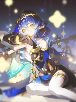 1girl blue_hair blue_hood blue_sleeves breasts bright_pupils claw_ring detached_sleeves drill_hair drill_sidelocks emurina fungi_(genshin_impact) genshin_impact gold_choker hair_between_eyes highres jewelry layla_(genshin_impact) looking_at_viewer medium_breasts neck_ring pantyhose parted_lips pointy_ears sidelocks sitting solo telescope thighlet white_pantyhose white_pupils yellow_eyes yokozuwari