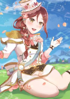 1girl absurdres alternate_hairstyle artist_name artist_request back_bow bare_legs blue_sky blush bow bowtie braid breasts brown_eyes capelet cloud day detached_collar dress epaulettes feathers female_focus fingerless_gloves floral_print flower flower_print flower_symphony_(love_live!) gloves grass hair_between_eyes hair_flower hair_ornament hair_over_shoulder hairclip hat hat_feather hat_flower highres leg_tattoo long_braid long_hair long_sleeves looking_at_viewer love_live! love_live!_school_idol_festival love_live!_school_idol_festival_all_stars love_live!_sunshine!! mountain musical_note on_grass orange_eyes outdoors outstretched_arms pants parted_lips petals pink_detached_collar pink_flower pink_shirt red_flower red_hair roman_numeral sakurauchi_riko sash shirt shorts single_braid sitting sky sleeve_cuffs small_breasts smile solo striped_bow striped_clothes striped_shirt tattoo vertical-striped_clothes vertical-striped_shirt watch white_bow white_capelet white_dress white_feathers white_gloves white_hat white_pants white_shorts yellow_eyes