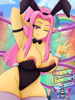 1girl absurdres animal_ear_hairband animal_ears armlet arms_behind_head black_bow black_bowtie black_leotard bow bowtie breasts butterfly_wings closed_mouth colored_skin cowboy_shot depthsofmind detached_collar empress_of_light english_text fake_animal_ears female_focus hairband half-closed_eyes highres insect_wings jewelry large_breasts leotard licking_lips long_hair looking_at_viewer nail_polish nature nipples one_eye_closed pink_eyes pink_hair pointy_ears rabbit_ear_hairband rabbit_ears rabbit_tail reference_photo see-through_clothes skindentation smile solo terraria thighhighs tongue tongue_out white_thighhighs wings wink wrist_cuffs yellow_skin