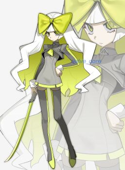 1girl artist_name blonde_hair boots bow colored_inner_hair cropped_jacket dress expressionless full_body green_eyes grey_boots grey_dress grey_jacket hair_bow hand_on_own_hip hashtag-only_commentary highres holding holding_sword holding_weapon jacket long_hair multicolored_hair original solo sword thigh_boots valve_core weapon white_hair yellow_bow zoom_layer