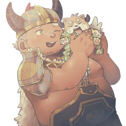 Rule 34 | 1boy, animal hands, armor, bara, batten xxxx, big belly, cape, chimera, closed mouth, crave saga, creature, crying, dark-skinned male, dark skin, facial hair, fake horns, fat, fur cape, grey hair, heart, heart in mouth, helmet, holding, holding creature, horned helmet, horns, inverted nipples, male focus, mjolnir (crave saga), muscular, muscular male, one eye closed, open mouth, orto (crave saga), overalls, pauldrons, shoulder armor, simple background, smile, thick eyebrows, white background, yellow eyes