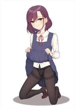 1boy black_pantyhose blue_dress blush brown_pantyhose brown_shoes bulge closed_mouth clothes_lift collared_shirt crossdressing crossdressing_(mtf) dress dress_lift hair_between_eyes highres hokuro_ryuuseigun lifting_own_clothes loafers looking_at_viewer male_focus original pantyhose pinafore_dress pleated_dress purple_hair red_ribbon ribbon school_uniform shirt shoes short_hair simple_background sleeveless sleeveless_dress smile solo student_council_president_(hokuro_ryuuseigun) thighband_pantyhose trap white_background white_shirt