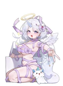 1girl :d angel angel_wings ayatsuno_yuni blush bow breasts feathered_wings feathers food-themed_hair_ornament hair_bow hair_ornament halo highres horns large_breasts looking_at_viewer naked_ribbon navel open_mouth original outstretched_arm purple_bow purple_eyes purple_ribbon ribbon sangobob seiza short_hair single_horn sitting smile solo stellive transparent_background v white_feathers white_hair white_wings wings