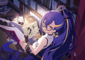 1girl ahoge blonde_hair blue_hair book bookmark bookshelf breasts caught crop_top cropped_shirt embarrassed game_cg highres holding holding_book holding_manga long_hair looking_at_viewer manga_(object) medium_breasts midriff minova_(stella_sora) multicolored_hair non-web_source official_art oil_lamp on_floor pink_eyes reading shirt single_vertical_stripe sitting sleeveless sleeveless_shirt solo stella_sora streaked_hair thighhighs very_long_hair white_shirt white_thighhighs wooden_floor