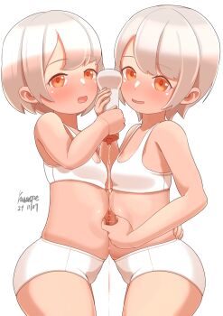 2girls belly belly-to-belly bellyjob bra food_focus highres loli multiple_girls original pachiki8p panties short_hair siblings simple_background syrup training_bra twins underwear wet_and_messy white_background white_bra white_hair white_panties yellow_eyes