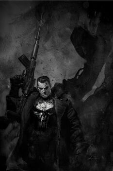 1boy abstract_background artist_name assault_rifle black_coat black_gloves black_hair broad_shoulders bullet_scar butterfly_cutout coat dark_background gloves grey_background greyscale gun highres holding holding_gun holding_weapon male_focus marvel monochrome rifle shadow short_hair signature skull_print smoke smoking_barrel solo the_punisher_(character) the_punisher_(series) trench_coat viktor_farro weapon western_comics_(style)