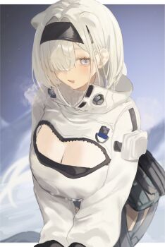 Rule 34 | 1girl, :d, animal ears, arknights, aurora (arknights), bear ears, bear girl, black hairband, breasts, cleavage, cleavage cutout, clothing cutout, crop top, cropped jacket, extra ears, grey eyes, hair ornament, hair over one eye, hairband, hairclip, highres, jacket, large breasts, long sleeves, looking at viewer, open mouth, pouch, puffy long sleeves, puffy sleeves, smile, solo, sorotu, white hair, white jacket