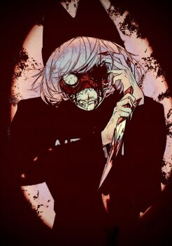 1boy absurdres animal_hat bleeding blood blood_on_face blood_on_hands bloodshot_eyes bloody_knife bloody_weapon cat_hat clenched_teeth eye_mask facial_mark fingernails hand_up hat highres holding holding_knife imnotrlup knife looking_at_viewer male_focus mask missing_eye nyen_(randal&#039;s_friends) pink_background pink_hair randal&#039;s_friends sharp_fingernails short_hair solo teeth upper_body weapon whisker_markings