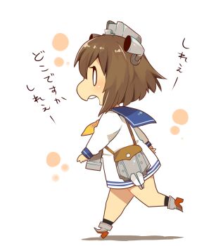 1girl binoculars blue_sailor_collar blush brown_hair chibi chibi_only commentary_request dress from_side headgear highres kantai_collection long_sleeves neckerchief ohagi_(iihatobu05) open_mouth profile rudder_footwear sailor_collar sailor_dress short_hair simple_background solo teeth translation_request upper_teeth_only walking white_background white_dress yukikaze_(kancolle)