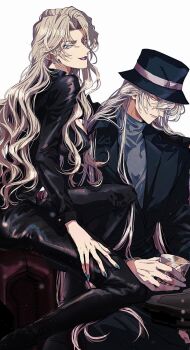 1boy 1girl black_coat black_pants black_shirt blue_eyes blue_nails coat commentary cup gin_(meitantei_conan) hair_between_eyes hat highres holding holding_cup kmk_oc long_hair meitantei_conan pants parted_bangs purple_lips shirt smile straight_hair turtleneck vermouth_(meitantei_conan) wavy_hair