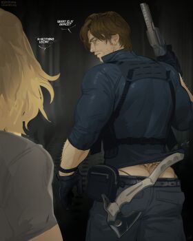 Rule 34 | 1boy, 1girl, arm hair, arm up, axe, back tattoo, belt, black gloves, blonde hair, blue eyes, blue shirt, brown hair, butt crack, chest harness, commentary, english commentary, english text, facial hair, g-string, gloves, grace ashcroft, grey shirt, gun, handgun, harness, hatchet (axe), highres, holding, holding gun, holding weapon, leon s. kennedy, looking back, low bore axis revolver, male focus, parted bangs, parted lips, pouch, requiem (resident evil), resident evil, resident evil requiem, revolver, rifle-caliber handgun, rifle-caliber revolver, rsh-12, seansketches, shirt, short hair, speech bubble, tattoo, thigh pouch, thong, tramp stamp, weapon, whale tail (clothing)