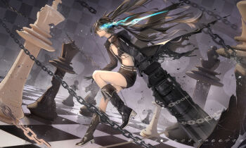 1girl absurdres arm_cannon baofeidanpin belt bikini black_coat black_hair black_rock_shooter black_rock_shooter_(character) black_shorts blue_fire chain checkered_floor chess_piece coat fire flaming_eye front-tie_bikini_top front-tie_top highres long_hair open_clothes open_coat rock_cannon shorts swimsuit twintails uneven_twintails weapon