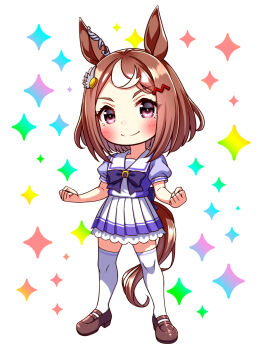 animal_ears blush bow bowtie brown_hair chibi chibi_only clenched_hands closed_mouth commentary_request full_body hair_between_eyes hair_ornament hairclip highres horse_ears horse_girl horse_tail looking_at_viewer multicolored_hair pleated_skirt puffy_short_sleeves puffy_sleeves purple_bow purple_bowtie purple_eyes purple_shirt sailor_collar sailor_shirt school_uniform shirt shoes short_hair short_sleeves skirt smile solo streaked_hair sugimotty_nova tail thighhighs tracen_school_uniform tsurumaru_tsuyoshi_(umamusume) two-tone_hair umamusume white_hair white_sailor_collar white_skirt white_thighhighs zettai_ryouiki