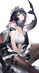 Rule 34 | 1girl, absurdres, arm belt, arms between legs, bare shoulders, black hair, black skirt, breasts, brown pantyhose, chain, cleavage, closed mouth, colored inner hair, ellen joe, fins, fish tail, foot out of frame, frilled skirt, frills, highres, looking at viewer, maid, maid headdress, mole, mole under eye, multicolored hair, pantyhose, red eyes, red hair, short hair, simple background, skirt, solo, tail, white background, yushe quetzalli, zenless zone zero