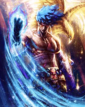 Rule 34 | 1boy, absurdres, animal, arm up, bandages, bare pectorals, bird, blue fire, blue hair, closed mouth, commentary, english commentary, fire, floating hair, gauntlets, hades (series), hades 2, hawk, highres, looking at viewer, male focus, pants, pectorals, prometheus (hades), red eyes, solo, standing, tylor hepner
