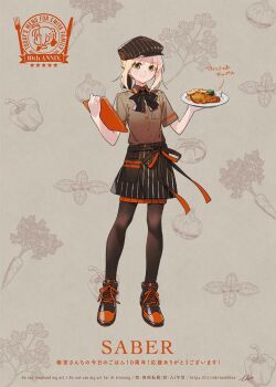 Rule 34 | 1girl, apron, artoria pendragon (fate), black bow, blonde hair, bow, collared shirt, commentary request, emiya-san chi no kyou no gohan, fate (series), fishnet pantyhose, fishnets, hat, holding, holding plate, pantyhose, plate, saber (fate), shirt, shoes, sneakers, solo, taa (acid), waist apron