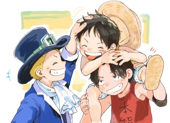 Rule 34 | +++, 3boys, aged down, ascot, bare shoulders, black hair, black hat, blonde hair, blue jacket, blush, carrying, closed eyes, commentary request, facial scar, facing another, freckles, fur-trimmed shorts, fur trim, goggles, goggles on headwear, grin, hand on another's head, happy, hat, he yo boy1221, jacket, male focus, monkey d. luffy, multiple boys, notice lines, one piece, open mouth, portgas d. ace, red tank top, sabo (one piece), sandals, scar, scar on cheek, scar on face, short hair, shorts, shoulder carry, smile, straw hat, tank top, unworn hat, unworn headwear, upper body, white ascot