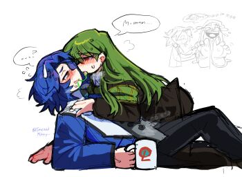 ... 2boys ? ambiguous_green_liquid armband black_jacket blue_hair blue_jacket blue_pants blush brown_eyes buttons chesed_(project_moon) colored_skin cup emerald_kitty feet green_armband green_hair holding holding_cup jacket lobotomy_corporation logo long_hair mug multiple_boys netzach_(project_moon) pants project_moon puff_of_air saliva saliva_trail signature simple_background speech_bubble sweat tickling tickling_feet twitter_username white_background white_skin yaoi yellow_eyes