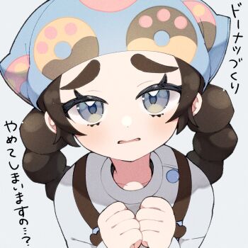 1girl ansha_(pokemon) apron black_hair blue_eyes braid facing_viewer frown grey_background gu_gu12435 headscarf japanese_text looking_at_viewer looking_up nintendo open_mouth pokemon pokemon_legends:_z-a solo