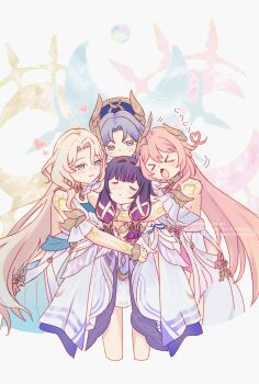 Rule 34 | > <, 4girls, absurdres, aria (genshin impact), bare shoulders, black hair, blonde hair, blue eyes, blue hair, blush, canon (genshin impact), columbina (genshin impact), commentary, cropped legs, dress, genshin impact, green eyes, group hug, highres, hug, ishvbro, long hair, long sidelocks, looking at another, multicolored hair, multiple girls, open mouth, pink hair, purple hair, sidelocks, smile, sonnet (genshin impact), untranslatable commentary, very long hair, white background, white dress