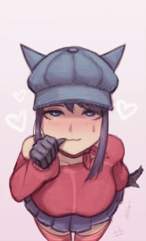 1girl artist_name black_gloves black_hat blue_eyes blue_skirt cool_mita_(miside) devilhs gloves hat heart highres looking_at_viewer miside mita_(miside) red_shirt shirt signature skirt solo