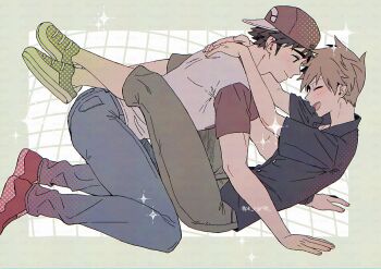 2boys arms_around_neck backwards_hat baseball_cap ben-day_dots black_shirt blue_oak blue_pants blush brown_eyes brown_hair closed_eyes closed_mouth collared_shirt commentary_request denim from_side full_body grey_pants hat highres jeans kneeling leg_lock legs_up looking_at_another male_focus medium_sideburns multiple_boys nintendo open_mouth pants parted_bangs pk_rgr96 pokemon pokemon_sm red_(pokemon) red_hat red_shoes screentones shirt shoes short_sleeves sideburns smile spiked_hair t-shirt yaoi